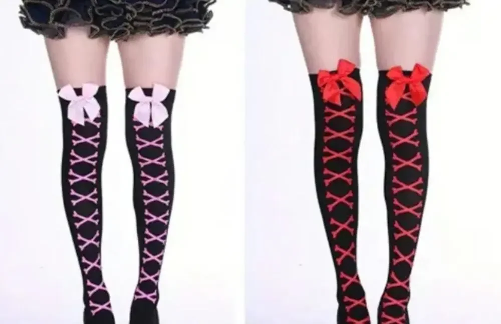 Black Bow Stockings Crossed Bones Choose Red/Pink Coquette Lolita Valentine's